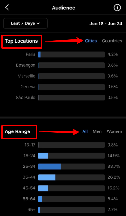 An Instagram profile's audience top locations and age range on from analytics