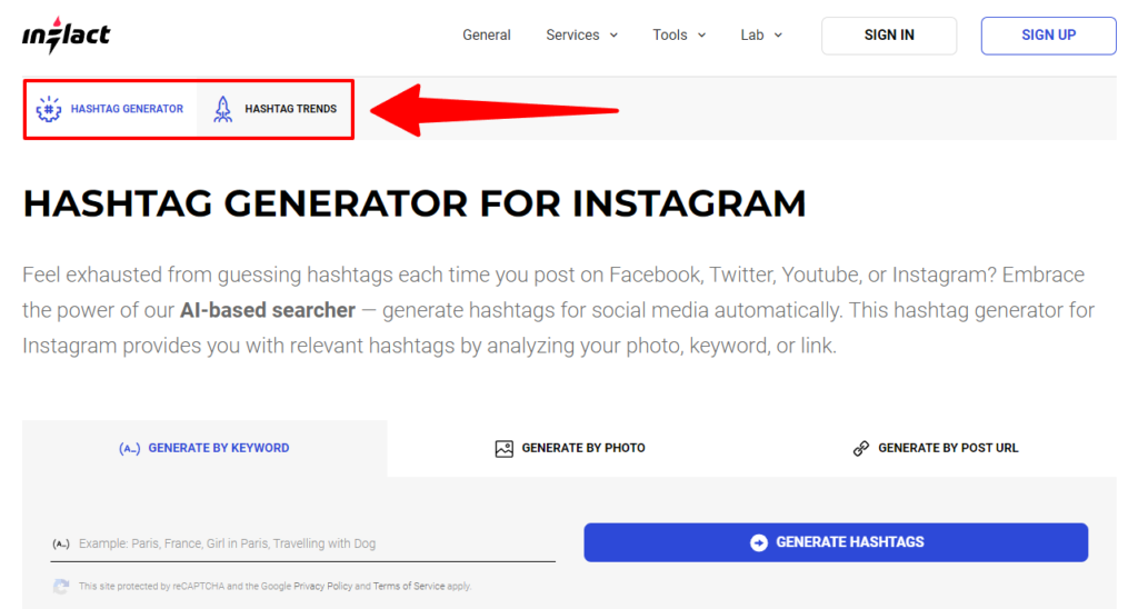 A tool's buttons to generate and find trending Instagram hashtags