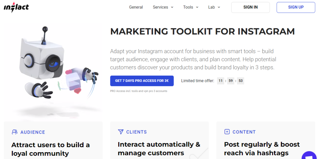 An Instagram marketing toolkit front page website