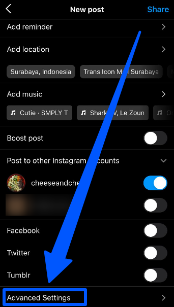 Instagram Advanced Settings position in the final post editing page