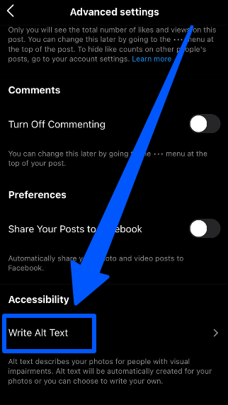 Instagram Alt Text position in the advanced settings