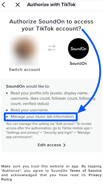 TikTok SoundOn profile authorization to manage the music tab
