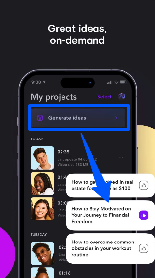 Project ideas suggestion feature by the captioning tool for Reels & TikTok
