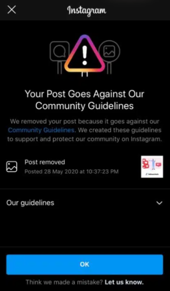 Post removal from Instagram after an account's violation against the Community Guidelines