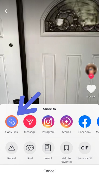The copy link option on the first line of the TikTok Share menu