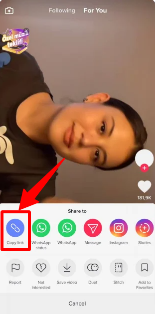 The copy link option on the first line of the TikTok Share menu