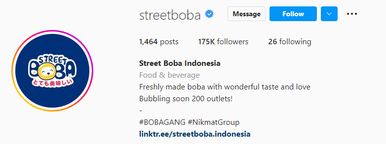 An example of a cute Instagram bio by an Indonesian boba drink brand