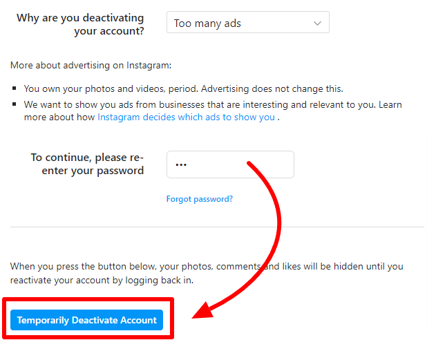 The reasons provided by Instagram, before deleting an account