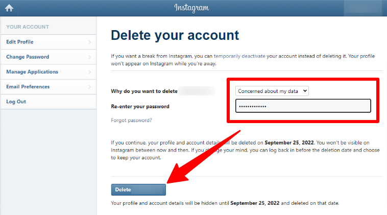 Delete button of an Instagram user before deleting their account
