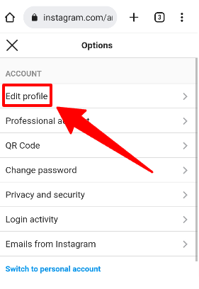The edit profile option for Android user who accesses Instagram via browser on mobile
