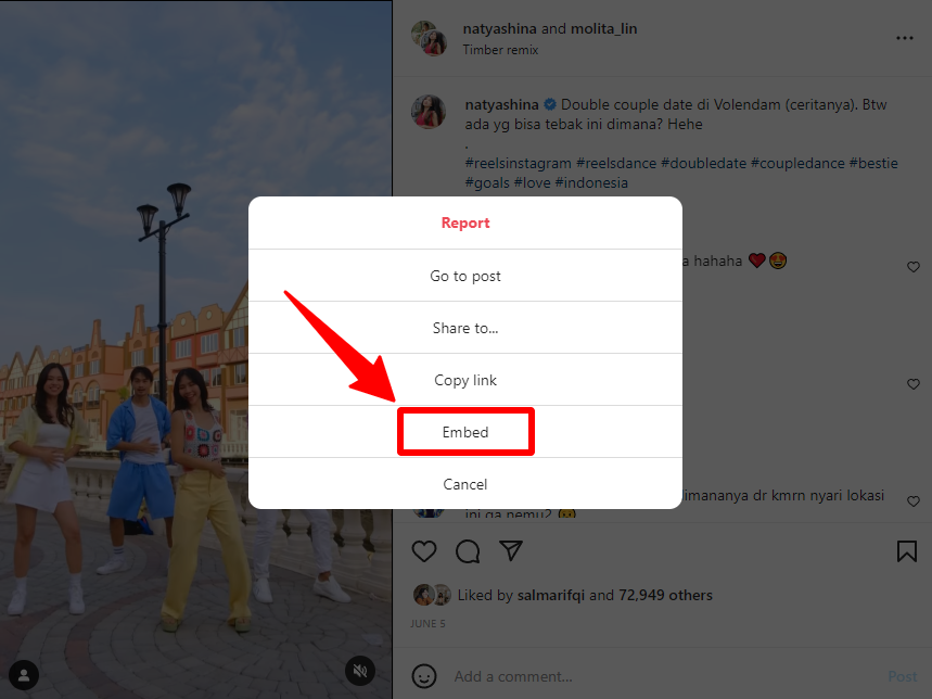 The embed button on Instagram desktop version to share Instagram Reels