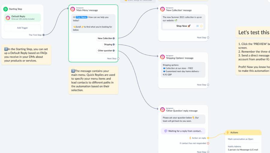 Instagram chatbot flowchart to create scenarios and replies based on templates