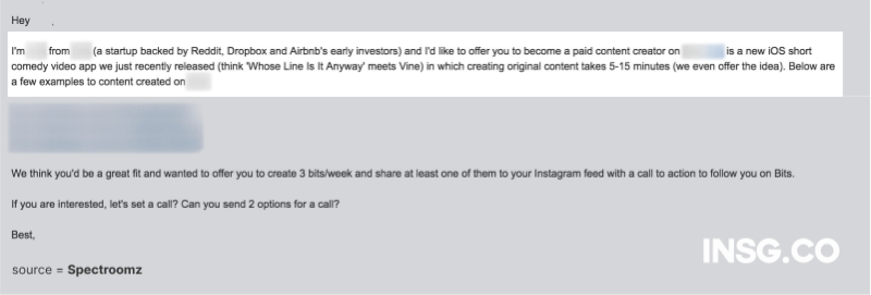 Real example of an email sent by a Brand to convince them to work with them