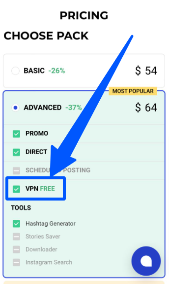 The VPN feature included in an IG bot’s pricing