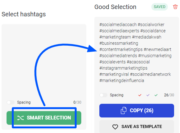 The hashtag smart selection from an IG bot tool