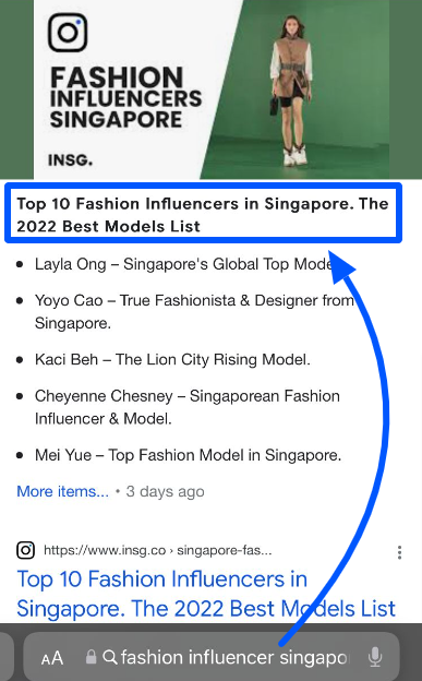 The top result of an influencer keyword typed on Google.