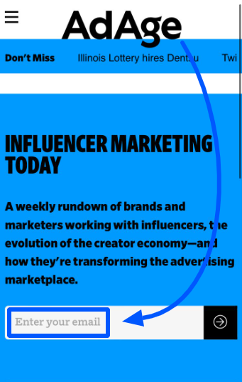 The signup email box of an influencer marketing bulletin