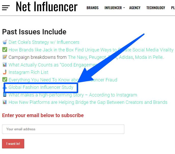 The past topic coverage by an influencer marketing newsletter