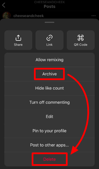 The delete or archive option on Instagram direct post setting