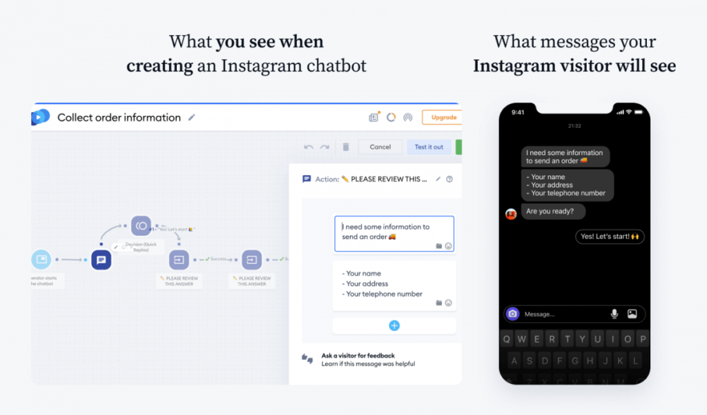 Direct message automation example display from an Instagram Chatbot.
