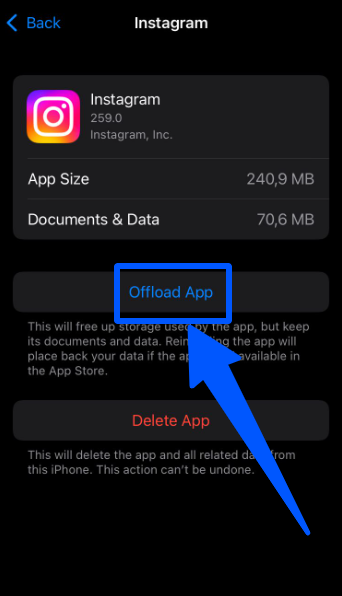 Offloading the app & reinstalling it when Instagram is not working