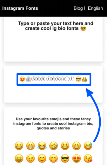The text character results with emojis from an Instagram font generator