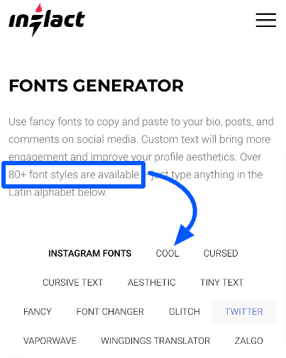 The typeface option on an Instagram font generator