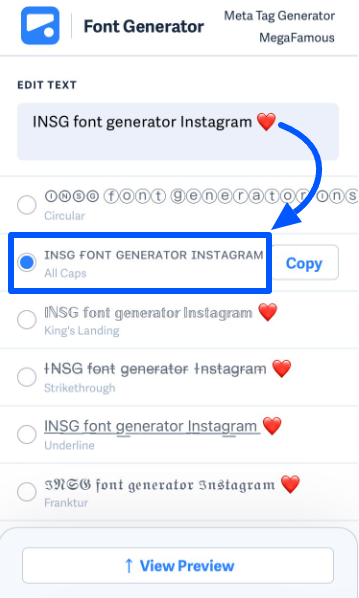 The script results of an Instagram font generator