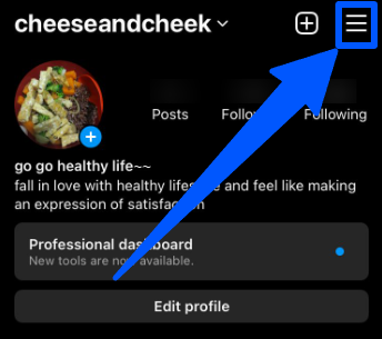 The hamburger setting menu on a user’s Instagram profile page