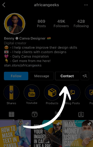 Where is the contact button on Instagram to reach out to someone?
