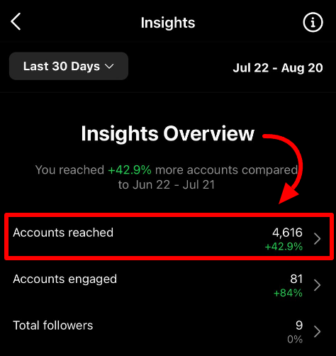 Instagram user's insights overview focus on Accounts reached