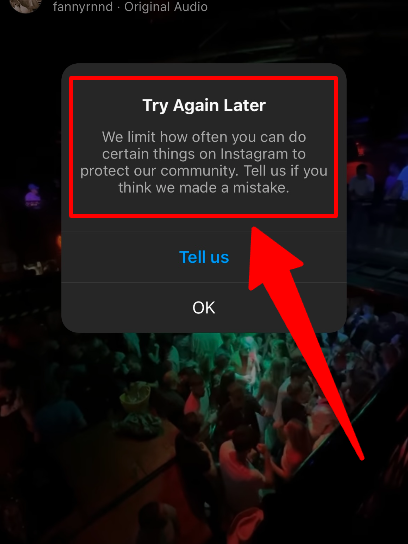 Limit notice addressed to a user from Instagram to do certain things on the app