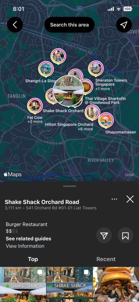 Search results of nearby restaurants on the new Instagram Maps feature