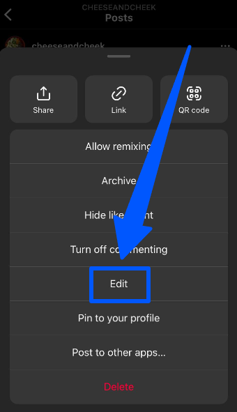 The edit button in the Instagram published post setting.