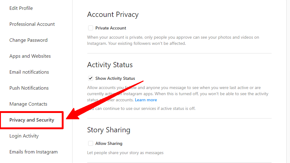 The Privacy & Security option on Instagram browser