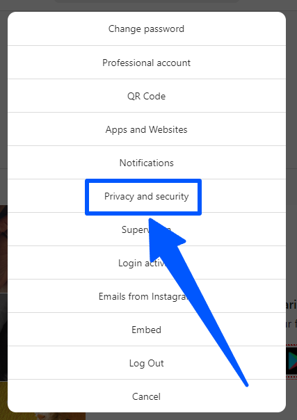 The Instagram Privacy & Security setting pop-up menu on a profile