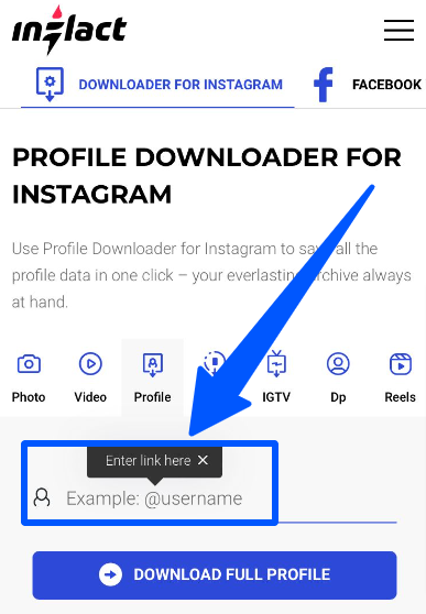 The search username box to download an Instagram profile