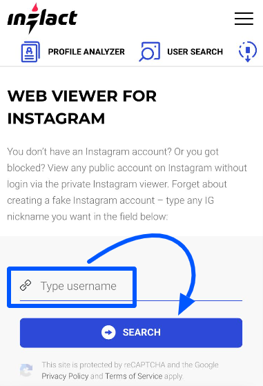 The search box to input Instagram username to stalk & generate results