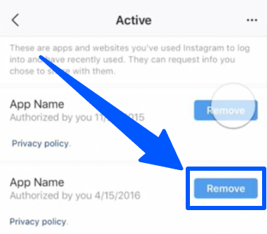 Removal button of third-party apps connected to your Instagram account