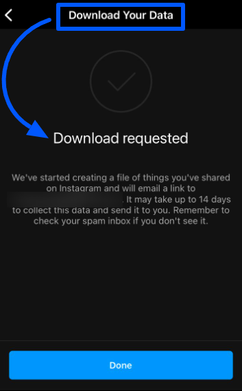 The “Download your data” backup request is being processed by Instagram
