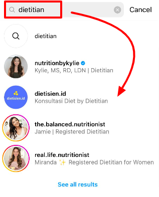 Instagram profile names found on search results with the same keyword