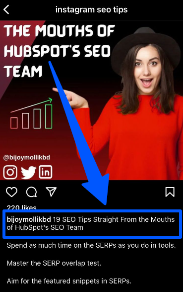 An Instagram Post using the keywords “Instagram SEO tips” on its captions