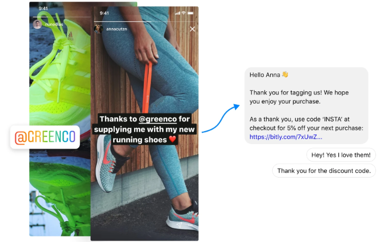A brand response from an Instagram mention by giving discounts to a customer