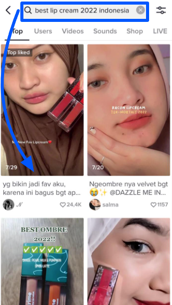 TikTok results of a keyword best lip cream 2022 Indonesia