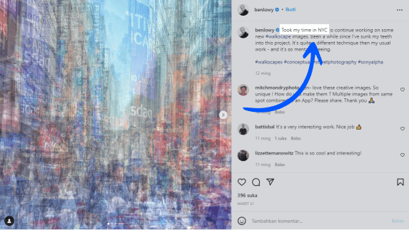 Influencer location information on an Instagram caption