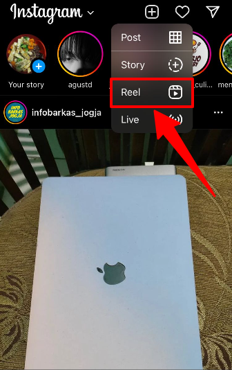Reel tab on Instagram plus icon to create new video with subtitles