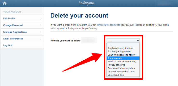 The default reasons provided by Instagram before a user delete their account