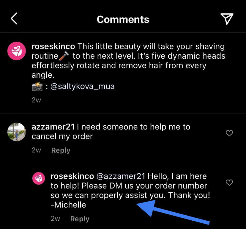 Example of a reply to an Instagram Comment made by a brand.