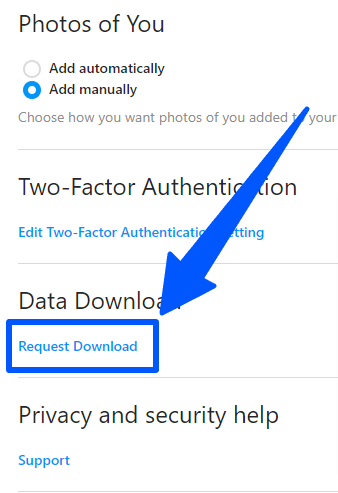 The Instagram Data Download setting menu on a web profile