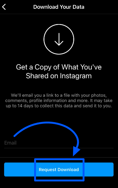 The “Download your data” backup page on Instagram